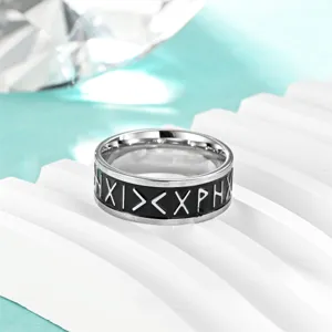 Anillo de runas vikingas de acero inoxidable para hombre, joya moderna de esmalte negro.