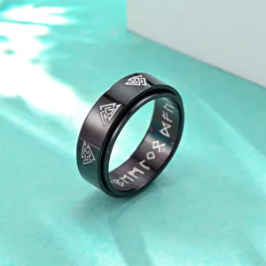 Schwarzer Edelstahl Spinner Ring mit Wikinger Runen und Valknut Symbol für Damen und Herren