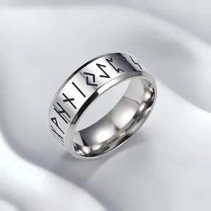 Men's 8mm stainless steel Viking rune ring polished metal retro Nordic jewelry band