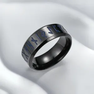 Men's 8mm black stainless steel ring with etched Nordic Viking runes minimalist design