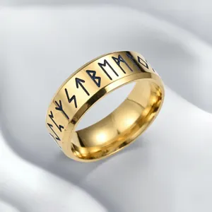 Men's 8mm gold-plated stainless steel ring featuring engraved Nordic Viking rune symbols.