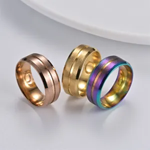 8mm wide titanium steel frosted ring with groove design, stylish stainless steel men jewelry detail.