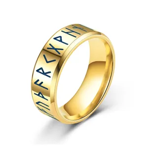 Gold Viking runes ring for men 8mm wide stainless steel Nordic talisman jewelry gift