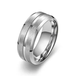 Men's titanium steel brushed ring with center groove detail, smooth inner band finish.