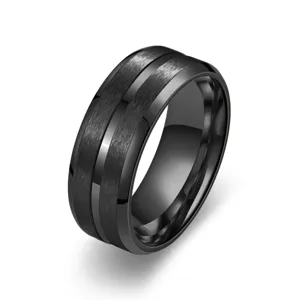 Close-up detail of 8mm wide men titanium steel ring with matte finish and center groove.