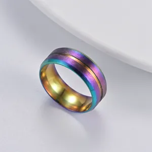Colorful Rainbow Titanium Steel Ring 8mm Groove Men Minimalist Fashion Band Jewelry