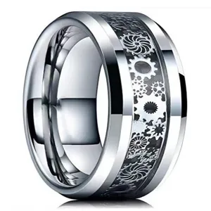 Stainless steel ring detailed close-up showing intricate mechanical gear inlay pattern.