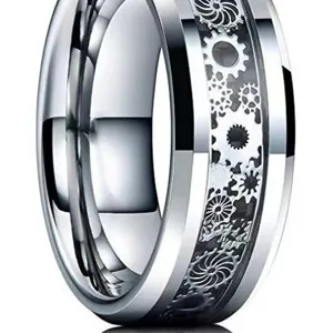 Stainless steel gear ring for couples, minimalist fashion punk design, durable metal jewelry.