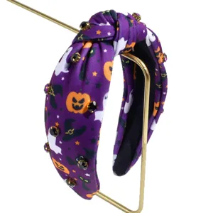 Halloween Headband Purple Pumpkin Ghost Rhinestone Knotted Wide Hair Hoop Party Accessory