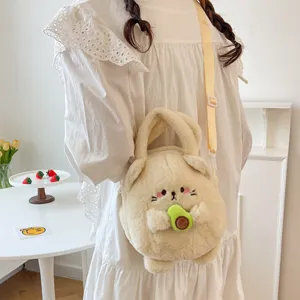 Cute plush cat crossbody bag with avocado decoration for girls, soft cream fur material