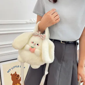 Cute white plush bunny crossbody handbag for girls with pink bow and peach detail