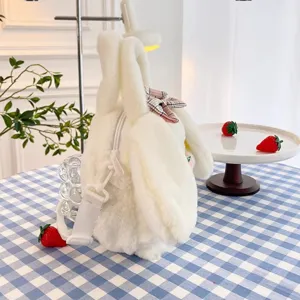 Cute white plush bunny handbag and crossbody bag with pink plaid bow for girls and women