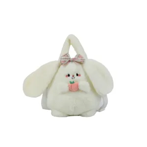 Adorable white plush bunny crossbody bag with a cute peach detail and plaid bow for girls