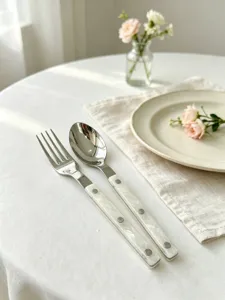 Roestvrijstalen bestekset met een elegante acryl handgreep voor de eettafel.