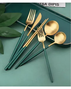Couverts en acier inoxydable vert paon et or fourchette cuillère couteau cuisine déco