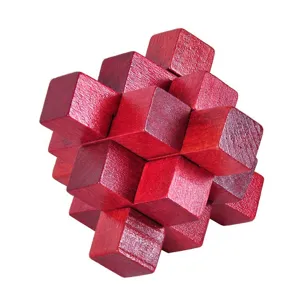 Detailed view of the red wooden interlocking puzzle brain teaser block toy for adults.