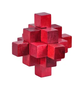 Wooden interlocking puzzle brain teaser adult logic game 3D wooden brain puzzle toy red