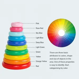 Wooden kids colorful stacking ring tower educational puzzle toy for color cognition training.