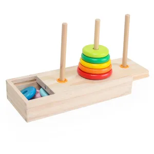 Wooden Tower of Hanoi puzzle toy for kids, intelligence stacking game with colorful rings and box.