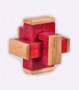 Close-up detail of the wooden interlocking burr puzzle, showcasing natural wood grain texture.