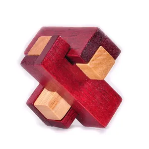 Wooden interlocking puzzle detail view, traditional brain teaser toy with smooth finish.