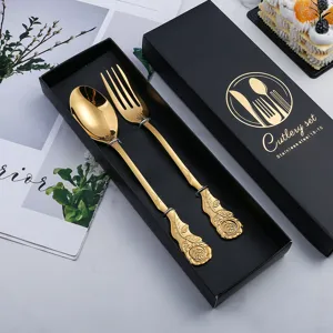Luxury gold stainless steel cutlery set with vintage rose relief spoon and fork in gift box.