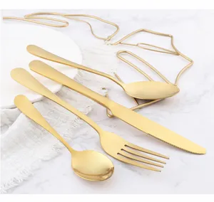 Gold stainless steel flatware set cutlery knife fork spoon modern kitchen dining tableware