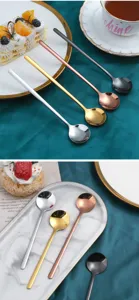 Detailansicht von Edelstahl-Kaffeelöffeln und Dessertlöffeln in bunten Farben Gestalt.