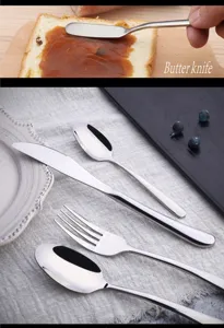Edelstahl Besteck Set mit Steakmesser, Gabel und Löffel für moderne Küche und Esszimmer.