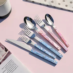 Bestekset van roestvrij staal met roze en blauwe gemarmerde acryl handgrepen voor diner.