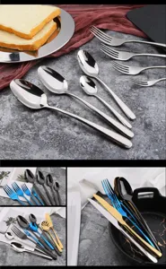 Edelstahl Besteck Detailansicht, mehrfarbige Esslöffel und Gabeln Set für Küche.