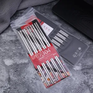 Stainless steel square chopsticks set of 5 pairs, 23cm hollow home reusable kitchen utensils.