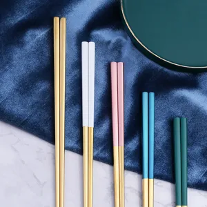 Stainless steel chopsticks 5 pairs set, elegant square metal chopstick for home dining table.