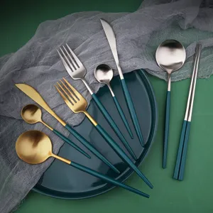 Ensemble de couverts en acier inoxydable poignée verte couteau fourchette cuillère