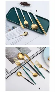 Stainless steel cutlery set with green and gold handles, elegant flatware for dining.