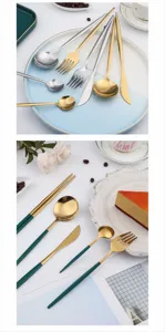 Stainless steel cutlery set luxury gold green flatware knife fork spoon dessert tableware