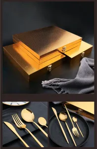 Stainless steel gold cutlery set with luxury storage box, elegant kitchen tableware for hotel.