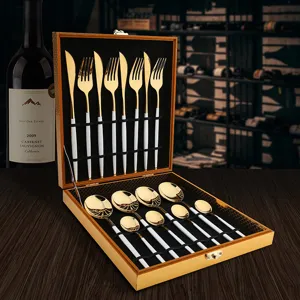 Stainless Steel Portuguese Cutlery Set 24-Piece Gold Flatware with Wooden Gift Box