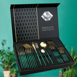 Luxus 24-teiliges Besteckset aus Edelstahl mit grüne und goldene Griffe in Geschenkbox.