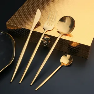Gold stainless steel cutlery set knife fork spoon table flatware luxury gift box main view