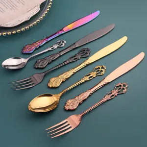 Set de couverts en acier inoxydable gaufré, style européen vintage couteau fourchette cuillère.