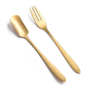Edelstahl Eiscreme Löffel Gabel Set in Gold, ideal für Desserts, Kaffee und den täglichen Gebrauch.