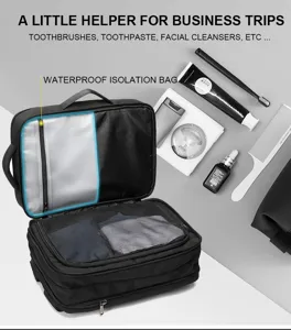 Black travel organizer bag with waterproof isolation compartment and multi-pocket design.