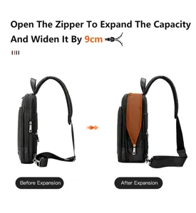 Detailansicht der erweiterbaren Brusttasche mit 9 cm mehr Kapazität nach Reißverschlussöffnung.