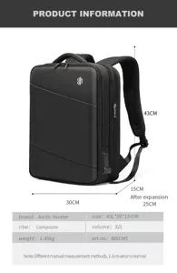 Details of expandable business backpack with large capacity, USB port and durable material.