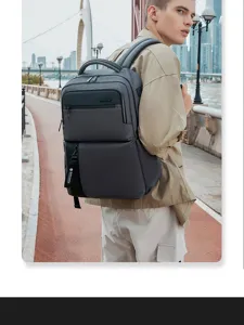 Men business casual laptop backpack 15.6 inch commuter travel grey rucksack detail view.