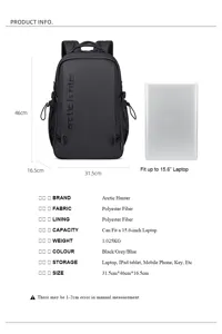 Sac à dos loisir pour homme noir vue détaillée montrant dimensions et capacité 15.6 pouces