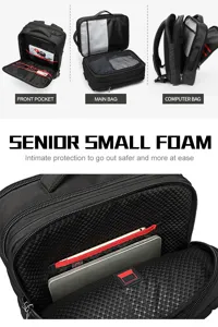 Detailed view of business travel backpack interior compartments, foam laptop protection and pockets.