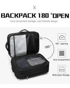 180 degree open travel backpack detail showing multi-layer storage and grid compartment.
