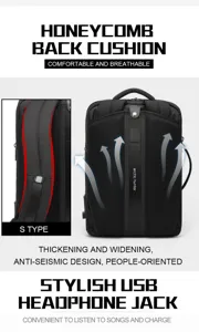 Detail view of black business backpack featuring honeycomb back cushion and ergonomic straps.